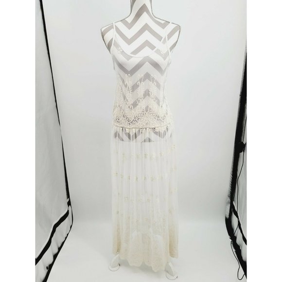 Gypsy Junkies Sasha Floral Embroidered Mesh Maxi Slip Dress Size S/M Filigree - Picture 2 of 12